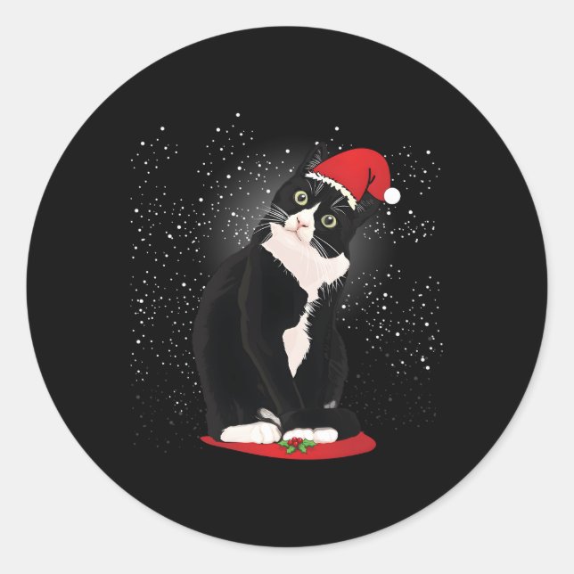Tuxedo Cat Santa Claus Snow Winter Classic Round Sticker (Front)