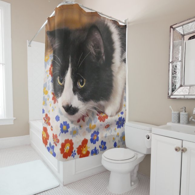 Tuxedo Cat Shower Curtain (In Situ)