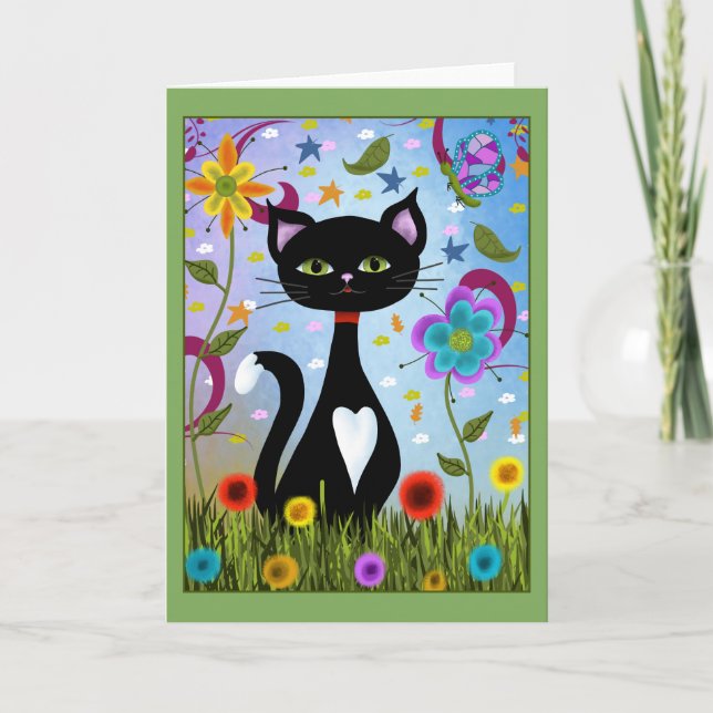 Tuxedo Cat Sitting In A Garden Card (Front)
