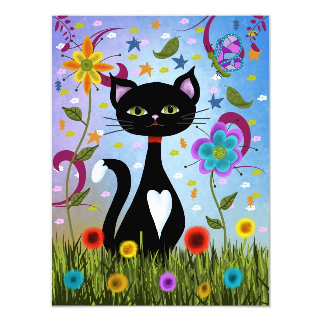 Tuxedo Cat Sitting In A Garden Photo Print (Front)