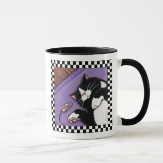Tuxedo Cat Sleeping Near Toy Mouse | Cat Art Mug