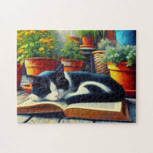 Tuxedo Cat Sleeping on a Book Garden Painting Jigsaw Puzzle