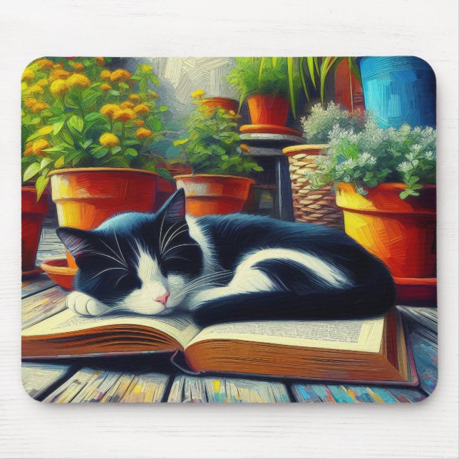 Tuxedo Cat Sleeping on a Book Garden Painting Mouse Pad (Front)