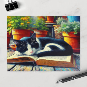 Tuxedo Cat Sleeping on a Book Garden Painting Postcard