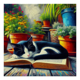 Tuxedo Cat Sleeping on a Book Garden Painting Poster