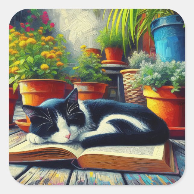 Tuxedo Cat Sleeping on a Book Garden Painting Square Sticker (Front)