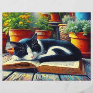 Tuxedo Cat Sleeping on Book Garden Scrapbook Paper