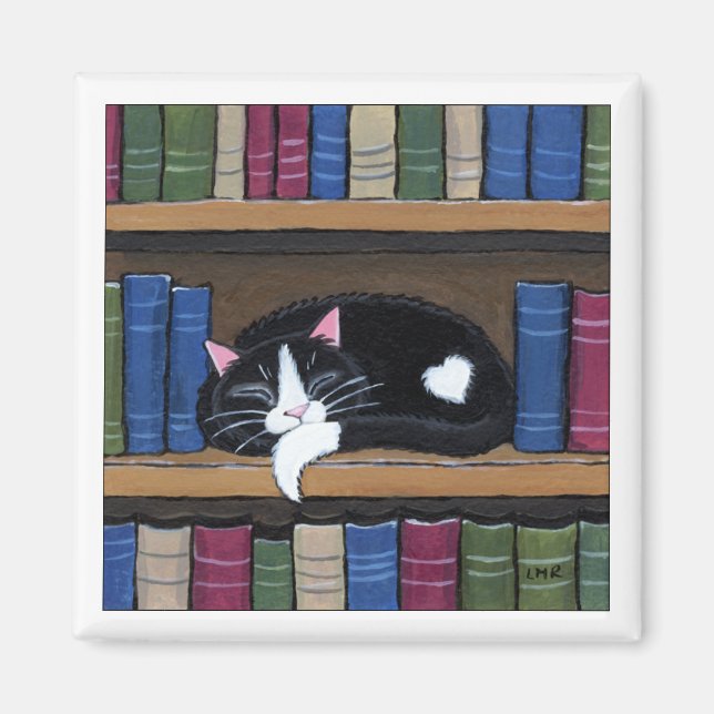 Tuxedo Cat Sleeping on Bookshelf Cat Art Magnet (Front)