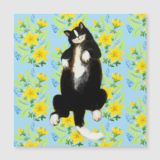 Tuxedo cat Sleeping on floral bed (Front)