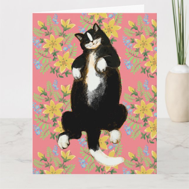 Tuxedo cat Sleeping on floral bed Card (Front)