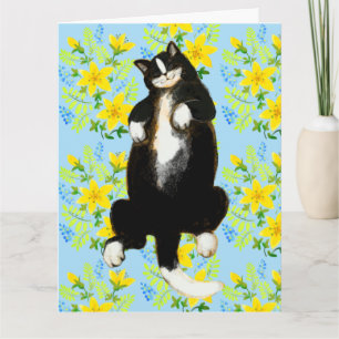 Tuxedo cat Sleeping on floral bed Card