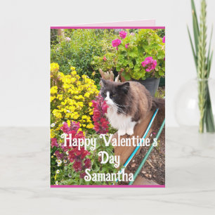 Tuxedo Cat Sniffing Flowers Funny Valentines Day Card