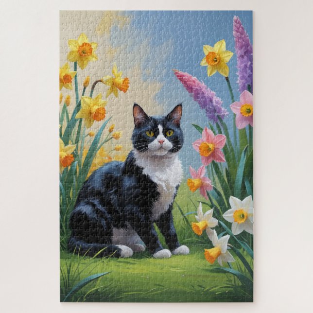 Tuxedo Cat Spring Flowers Painting  Jigsaw Puzzle (Vertical)