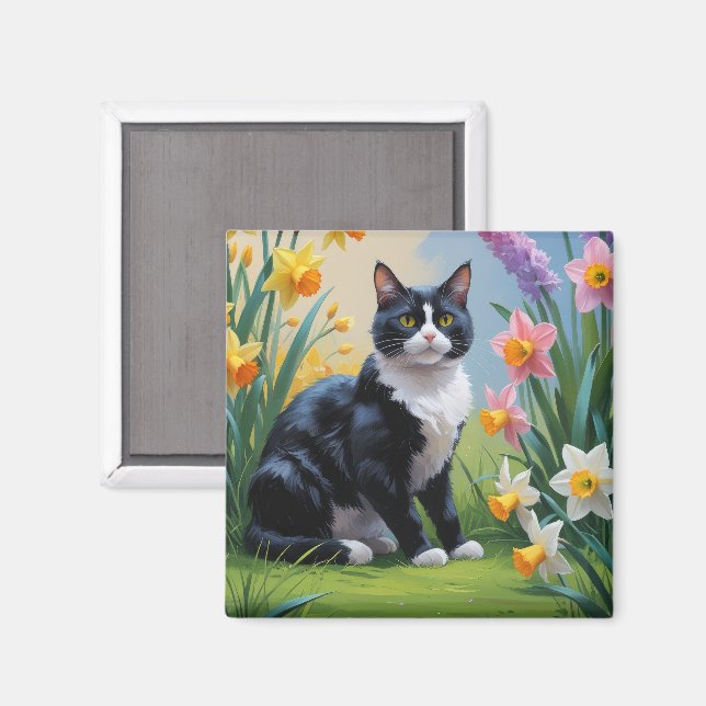 Tuxedo Cat Spring Flowers Painting  Magnet (Front/Back)