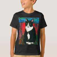 Tuxedo Cat Stained Glass Design Art T-Shirt