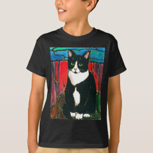 Tuxedo Cat Stained Glass Design Art T-Shirt