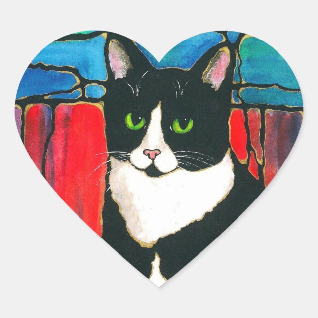 Tuxedo Cat Stained Glass Design Art T-Shirt Heart Sticker (Front)