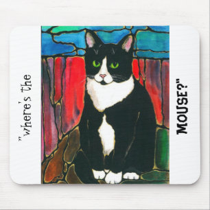 Tuxedo Cat Stained Glass Design Art T-Shirt Mouse Pad