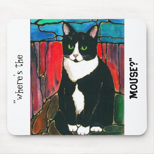 Tuxedo Cat Stained Glass Design Art T-Shirt Mouse Pad (Front)