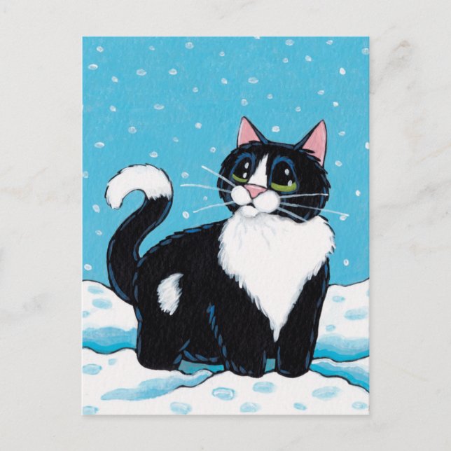 Tuxedo Cat Standing Knee Deep in Snow Painting Postcard (Front)