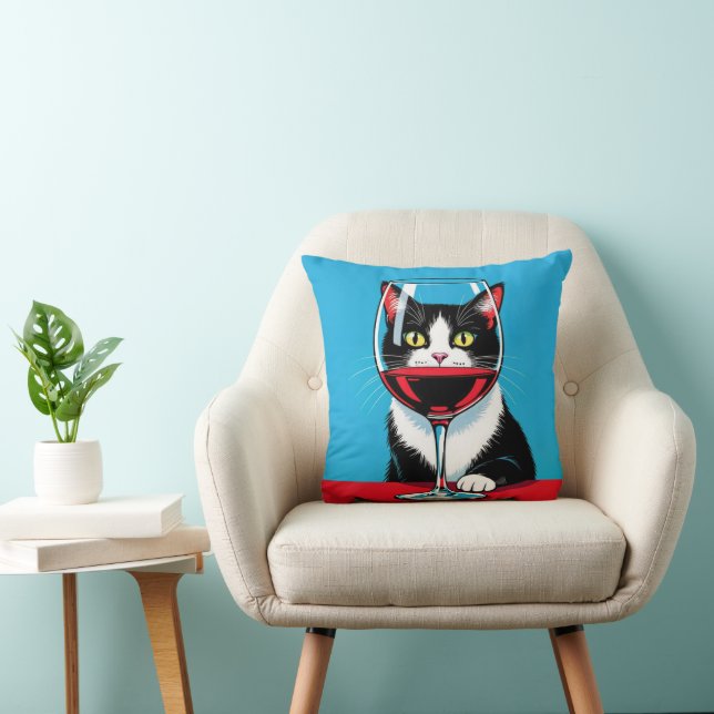 Tuxedo Cat Staring Through a Wine Glass Cushion (Chair)