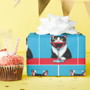 Tuxedo Cat Staring Through a Wine Glass Wrapping Paper