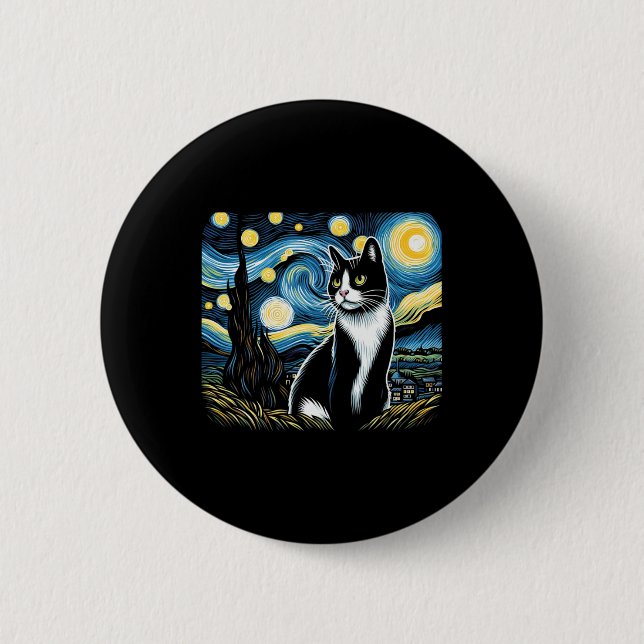 Tuxedo Cat Starry Night Painting Tuxedo Cat Owner  6 Cm Round Badge (Front)