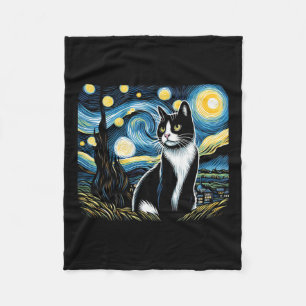 Tuxedo Cat Starry Night Painting Tuxedo Cat Owner Fleece Blanket