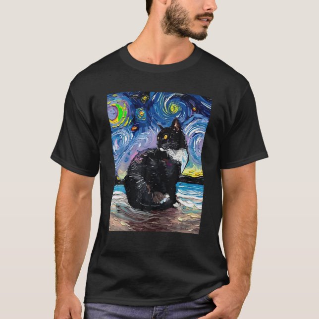 Tuxedo Cat Starry Night Van Gogh Cat Cat Art Tuxed T-Shirt (Front)
