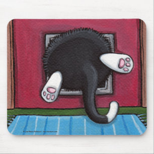 Tuxedo Cat Stuck in a Cat Flap - Funny Cat Art Mouse Pad