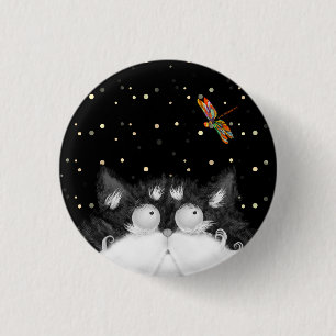 Tuxedo Cat Surprised by Dragonfly 3 Cm Round Badge
