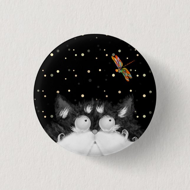 Tuxedo Cat Surprised by Dragonfly  3 Cm Round Badge (Front)