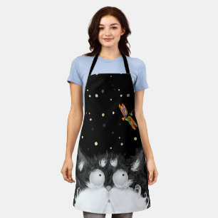 Tuxedo Cat Surprised by Dragonfly  Apron