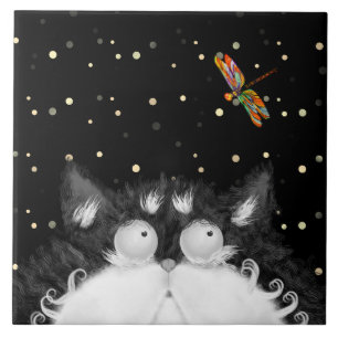 Tuxedo Cat Surprised by Dragonfly Ceramic Tile