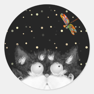 Tuxedo Cat Surprised by Dragonfly Classic Round Sticker