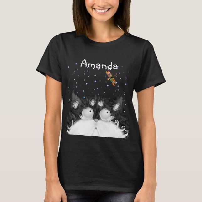 Tuxedo Cat Surprised by Dragonfly (Dark)  T-Shirt (Front)