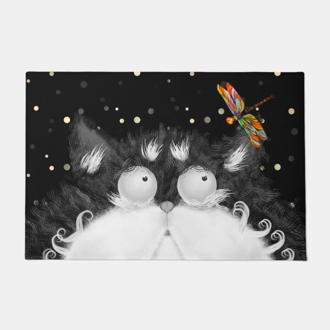 Tuxedo Cat Surprised by Dragonfly  Doormat (Front)