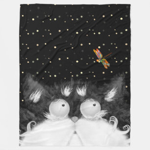 Tuxedo Cat Surprised by Dragonfly Fleece Blanket