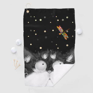 Tuxedo Cat Surprised by Dragonfly Golf Towel