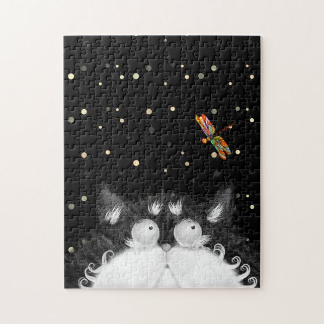 Tuxedo Cat Surprised by Dragonfly  Jigsaw Puzzle (Vertical)