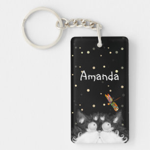 Tuxedo Cat Surprised by Dragonfly Key Ring