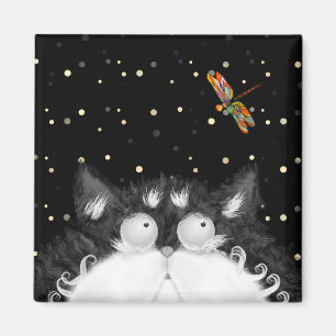 Tuxedo Cat Surprised by Dragonfly Magnet