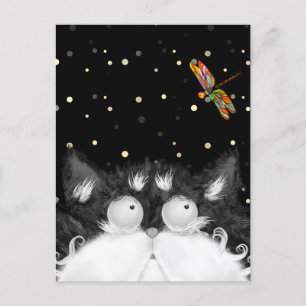 Tuxedo Cat Surprised by Dragonfly  Postcard