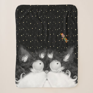 Tuxedo Cat Surprised by Dragonfly Sherpa Blanket