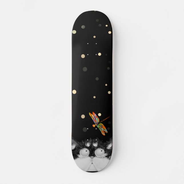 Tuxedo Cat Surprised by Dragonfly  Skateboard (Front)