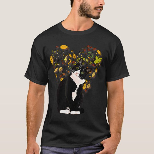 Tuxedo Cat T Shirt Gift Autumn Fall Leaves Black A (Front)