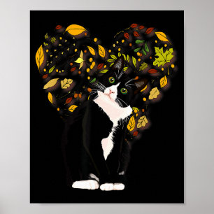 Tuxedo Cat T Shirt Gift Autumn Fall Leaves Black A Poster