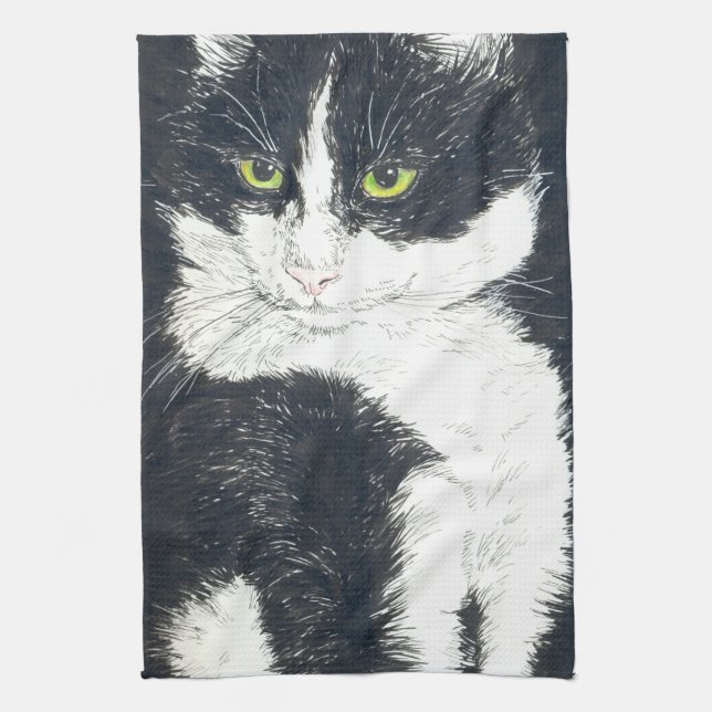 Tuxedo cat tea towel (Vertical)