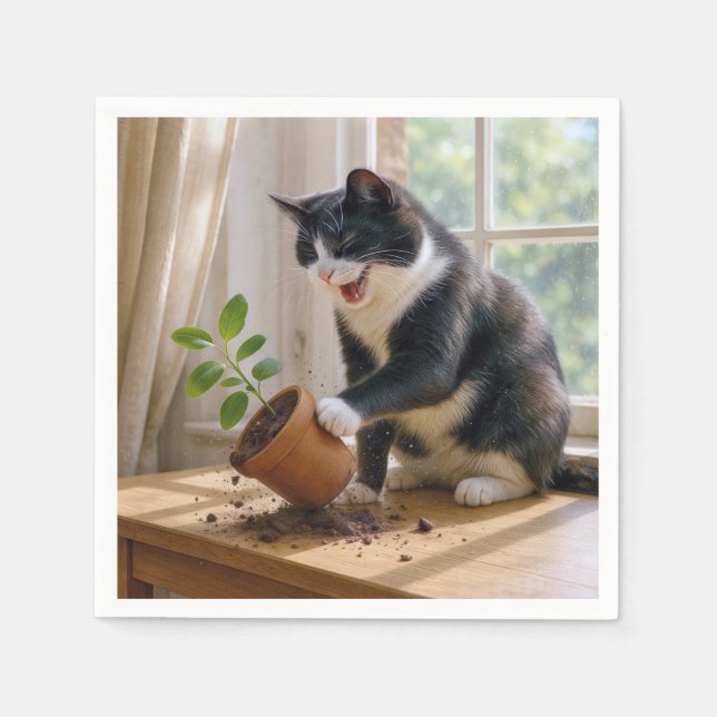 Tuxedo Cat Toppling a Potted House Plant Napkin (Front)