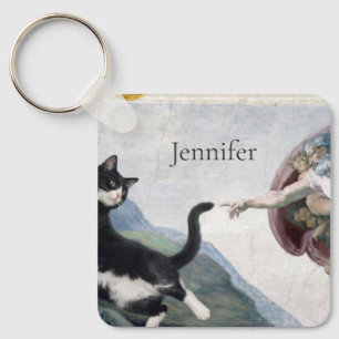 Tuxedo Cat Touching the Divine Paw Key Ring